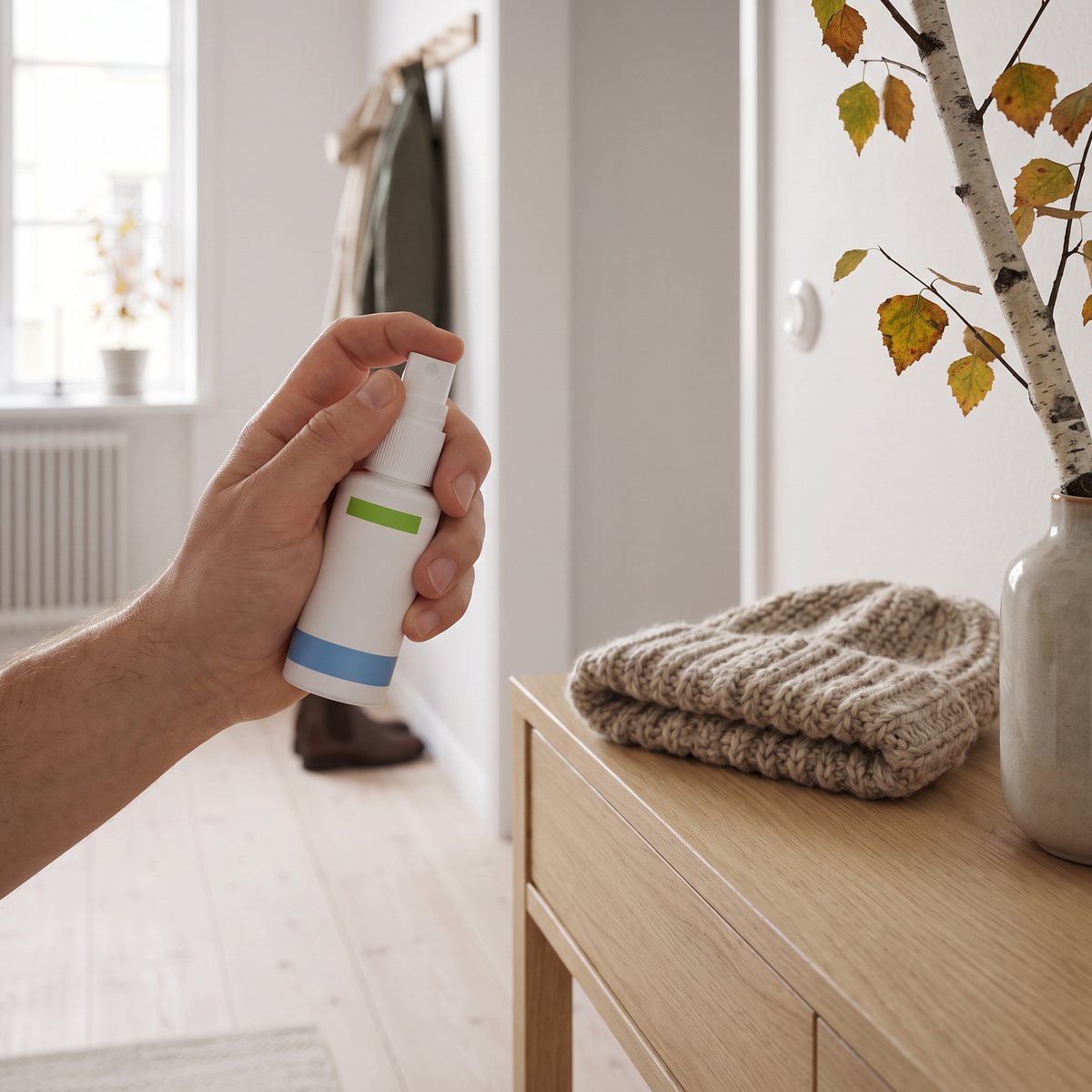 Hand som håller en vit D3-vitaminspray i en svensk hall med stickad mössa och björkkvist
