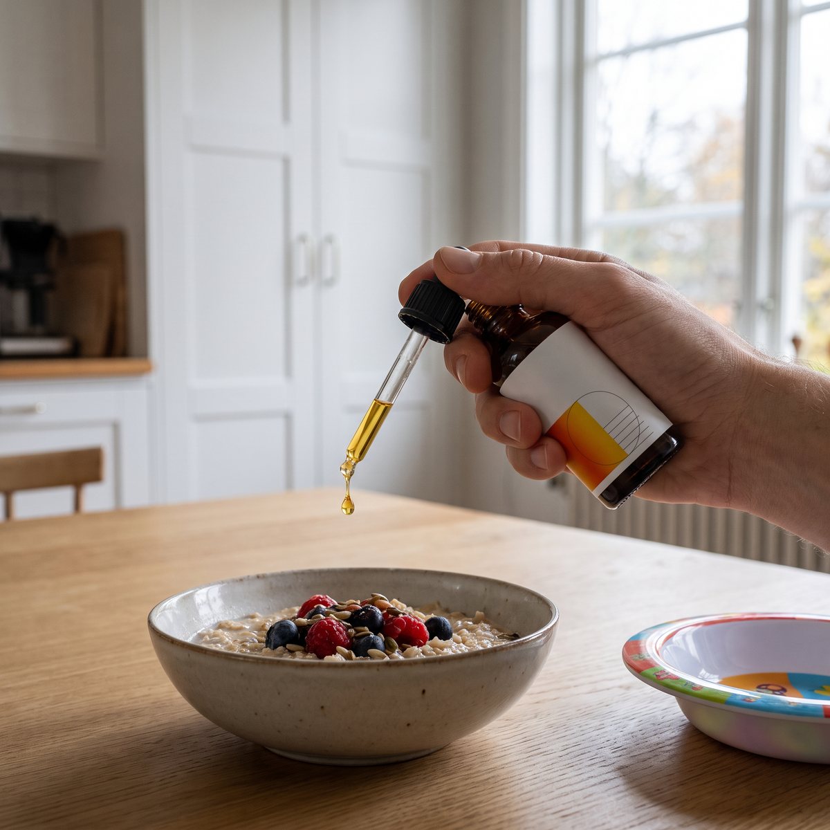 Flaska med D3-droppar där en gyllene droppe faller över en skål havregrynsgröt på ett köksbord i ett ljust svenskt kök