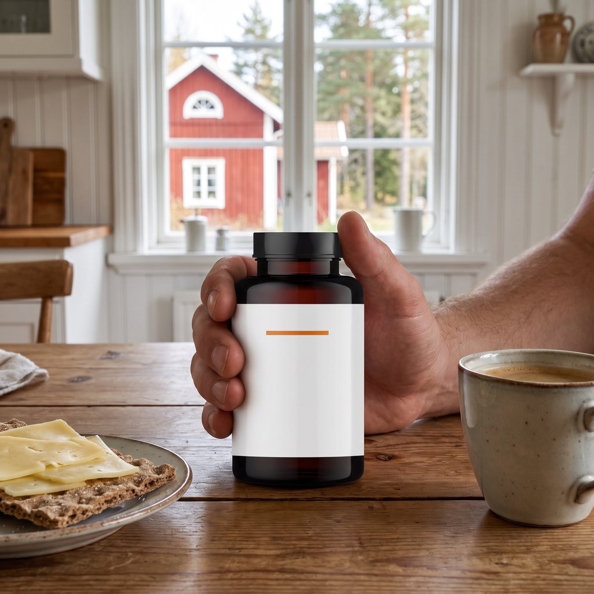 Brun burk med D3-kapslar hållen i handen vid ett träbord i ett svenskt kök med rött hus utanför fönstret