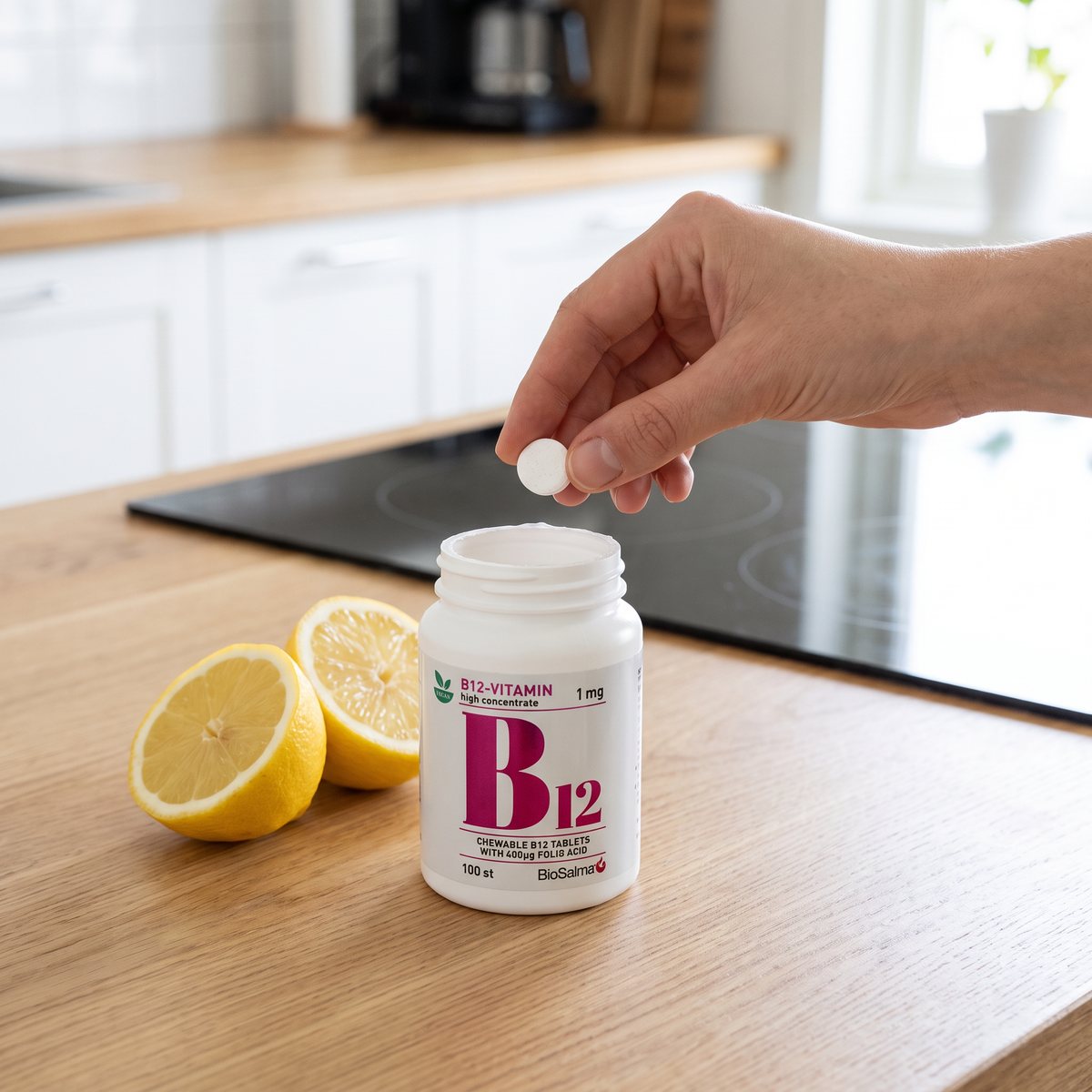 Burk BioSalma B12-vitamin med folsyra på en köksbänk i trä bredvid en delad citron, en hand tar upp en tuggtablett, induktionshäll i bakgrunden