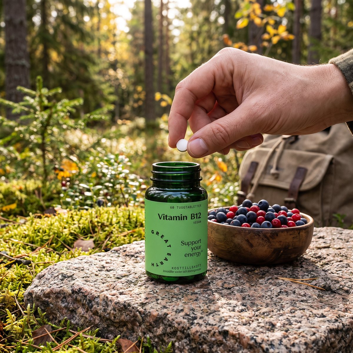 Grön glasburk Great Earth Vitamin B12 på en granithäll i en svensk skog bredvid en skål med blåbär och lingon, en hand håller en tablett