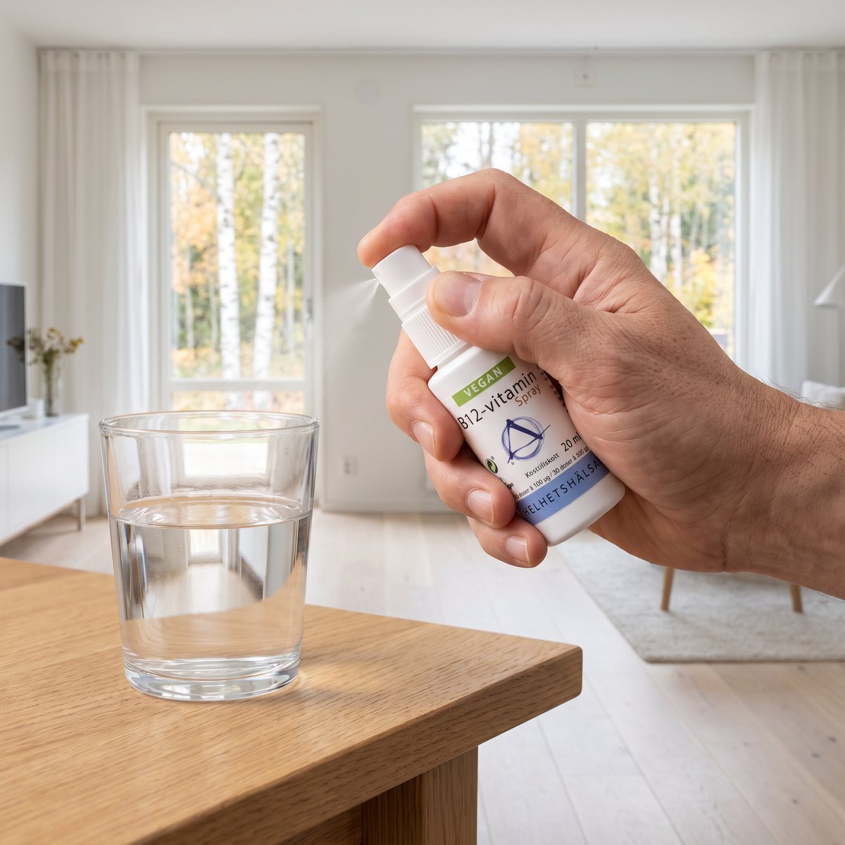 Hand som trycker på en Helhetshälsa B12-vitamin spray i ett ljust vardagsrum med trägolv och björkar utanför fönstret