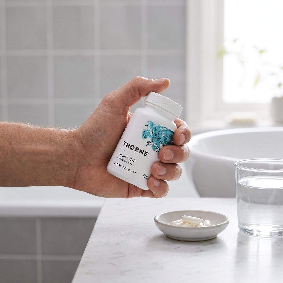 Hand som håller en burk Thorne Vitamin B12 i ett ljust badrum, kapslar i en liten skål och ett vattenglas på bänken