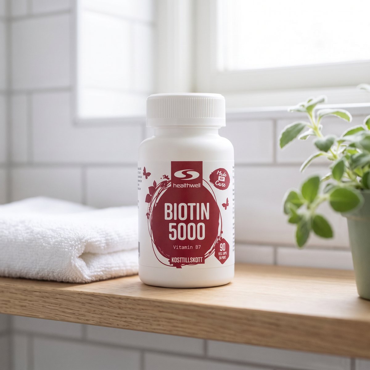 Vit burk med Healthwell Biotin 5000 på en hylla i ett svenskt badrum