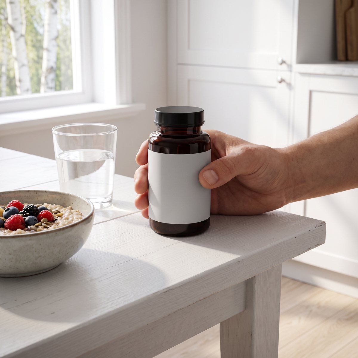 Brun glasburk med biotinkapslar hållen i handen vid ett frukostbord i ett ljust svenskt kök