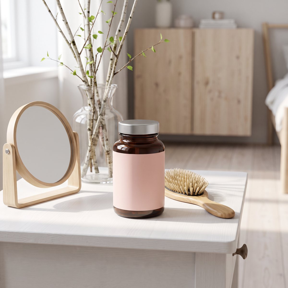 Brun glasburk med rosa etikett på en vit sminkbänk i ett ljust svenskt sovrum med björkkvistar