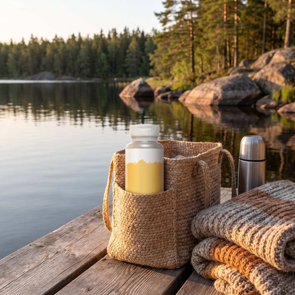 Gul och grå burk med biotinkapslar i en vävd väska på en brygga vid en svensk skogssjö