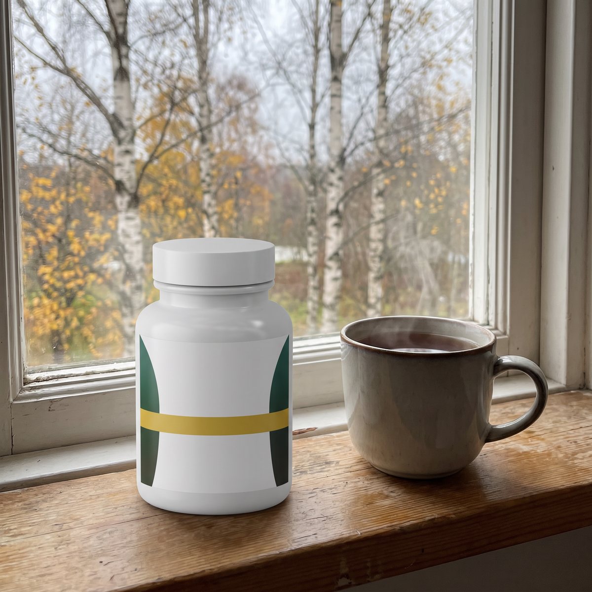 Vit burk med jodtabletter på ett fönsterbröd med utsikt mot björkar i ett svenskt hem, bredvid en tekopp.