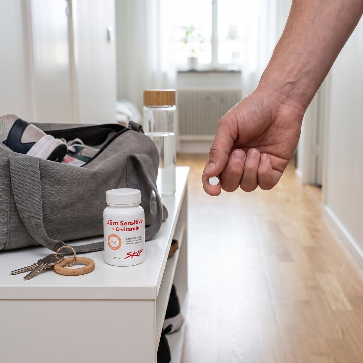 Burk med Skip Järn Sensitive + C-vitamin på en vit hallbänk bredvid en träningsväska och nycklar, en hand håller en tablett