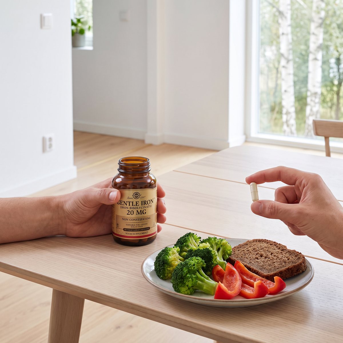 Solgar Gentle Iron i brun glasflaska vid ett matbord med broccoli, paprika och rågbröd, en hand håller en kapsel