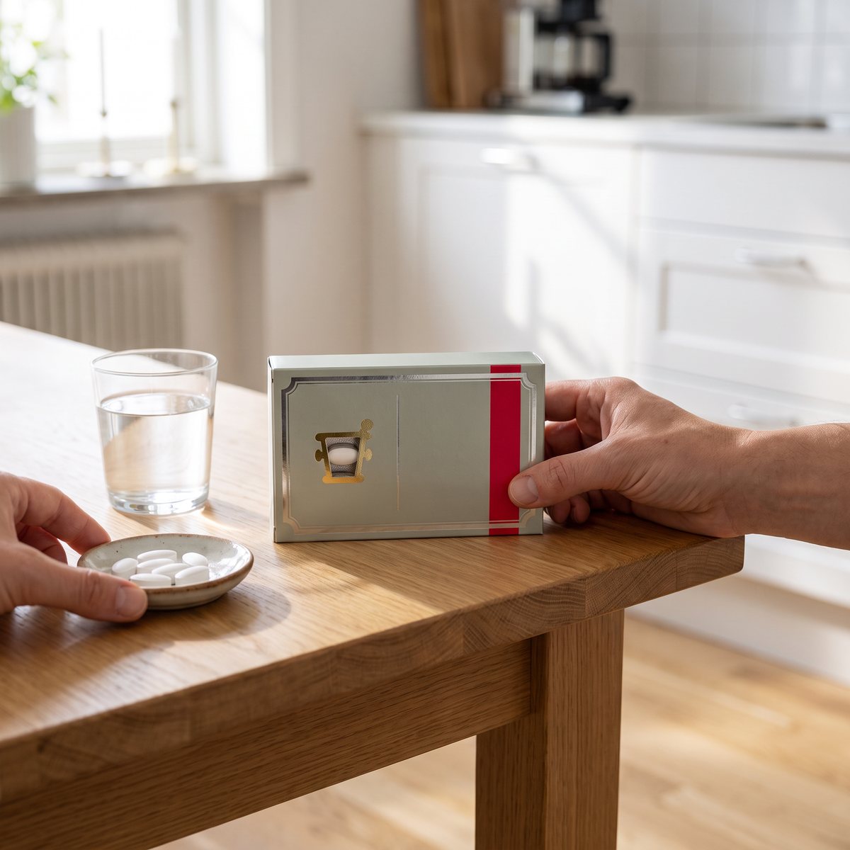 Kartong med kalciumtabletter på ett ekbord i ett ljust svenskt kök, med vattenglas och en liten skål med tabletter
