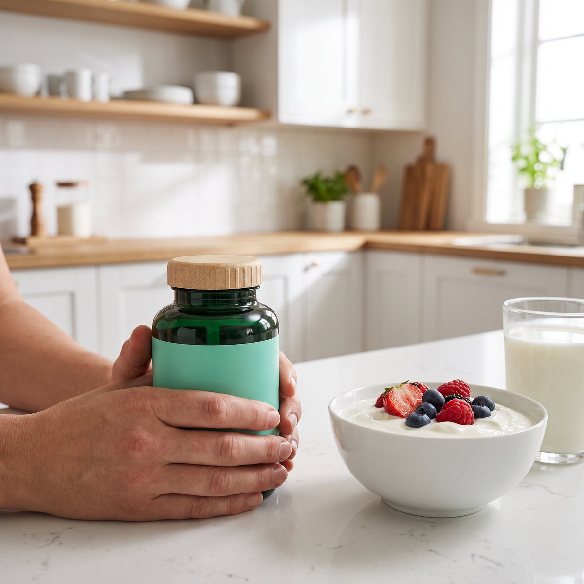 Grön glasburk med kalciumtabletter i händer vid en vit köksbänk med yoghurt och bär i ett svenskt kök