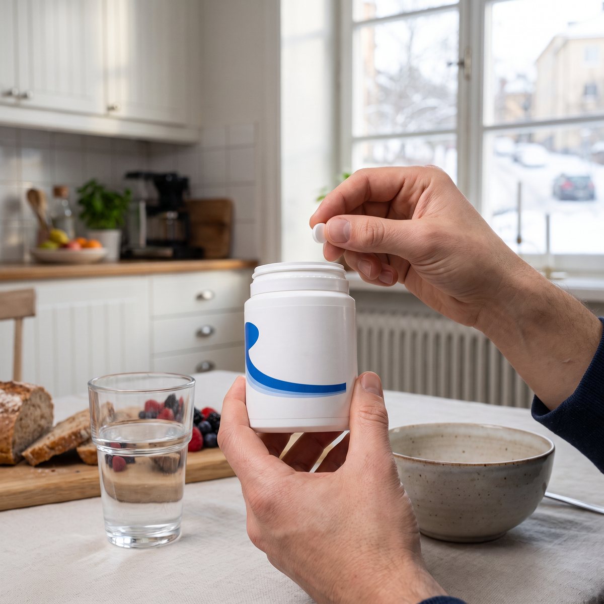 Hand som håller en vit burk med kalciumtabletter över ett frukostbord i ett svenskt kök
