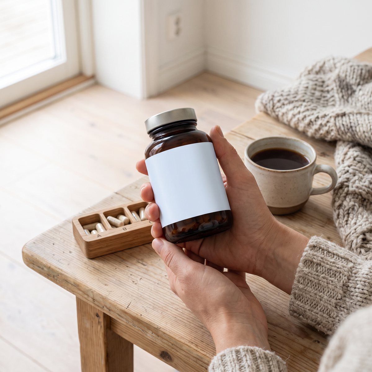 Brun glasburk med kalciumkapslar hållen i händerna vid ett bord med pillerdosa och kaffe i ett svenskt hem