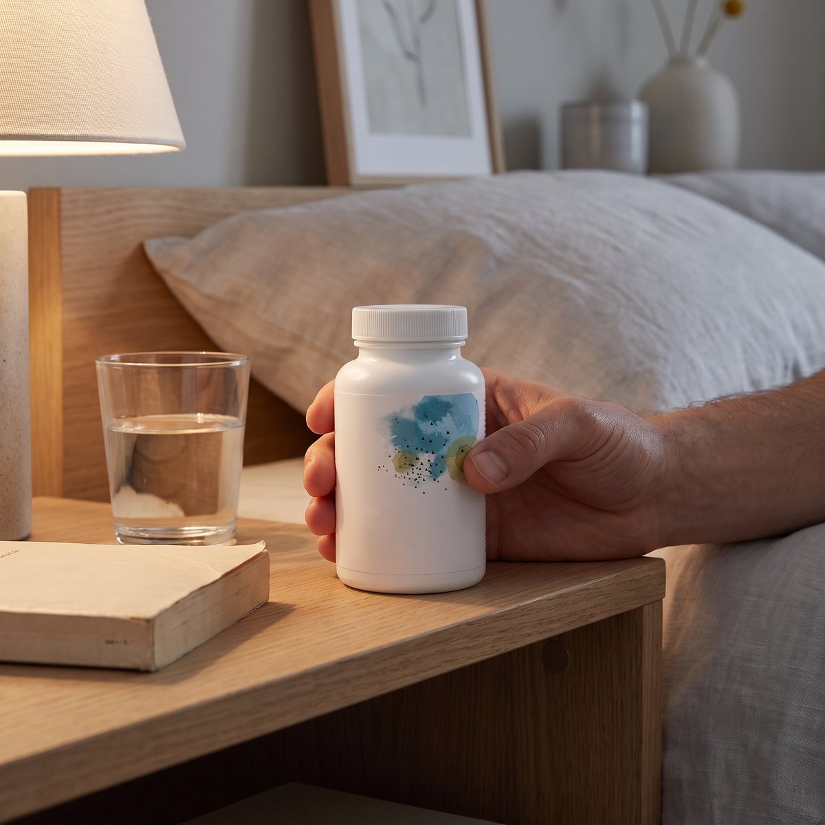 Thorne Alpha-Lipoic Acid på ett sängbord i ett svenskt sovrum med vattenglas och bok