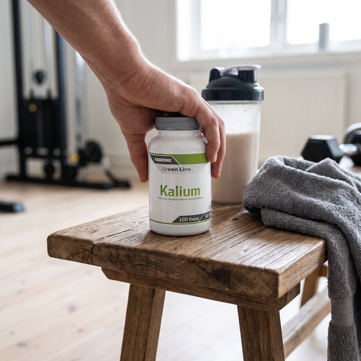 Fairing Kalium på en träpall i ett svenskt hemmagym bredvid en shaker och en handduk