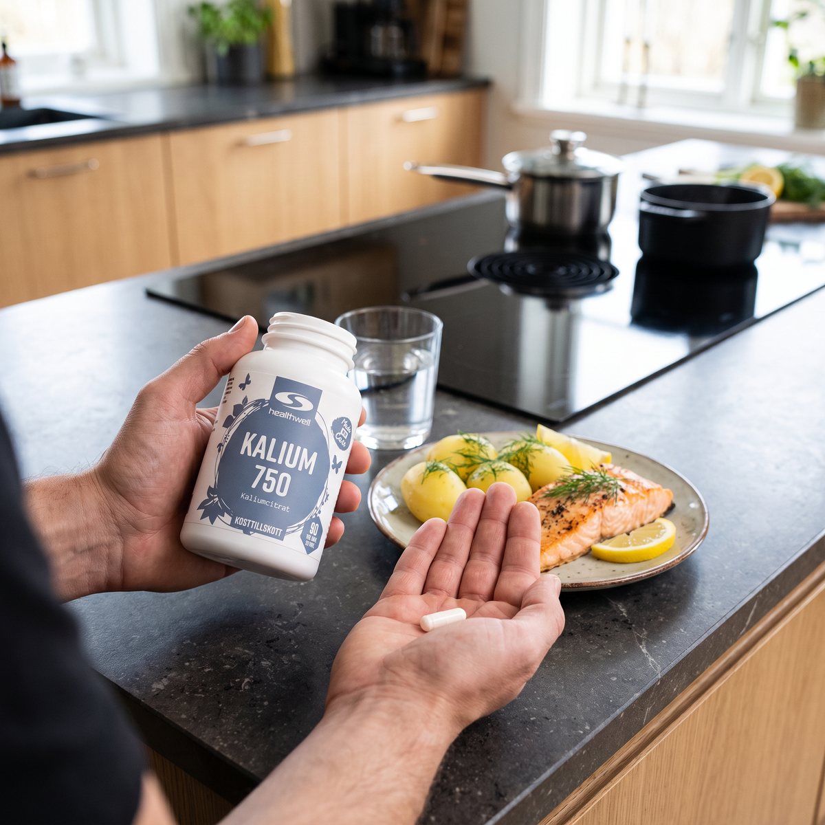 Healthwell Kalium 750 hålls i handen vid en köksbänk i ett svenskt kök med middag, en kapsel i handflatan