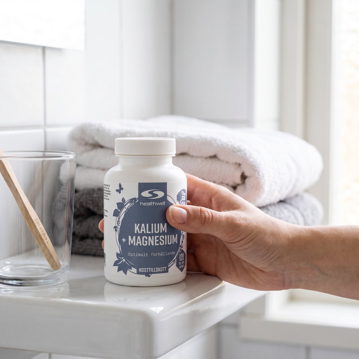 Healthwell Kalium+Magnesium på en vit hylla i ett ljust svenskt badrum bredvid handdukar
