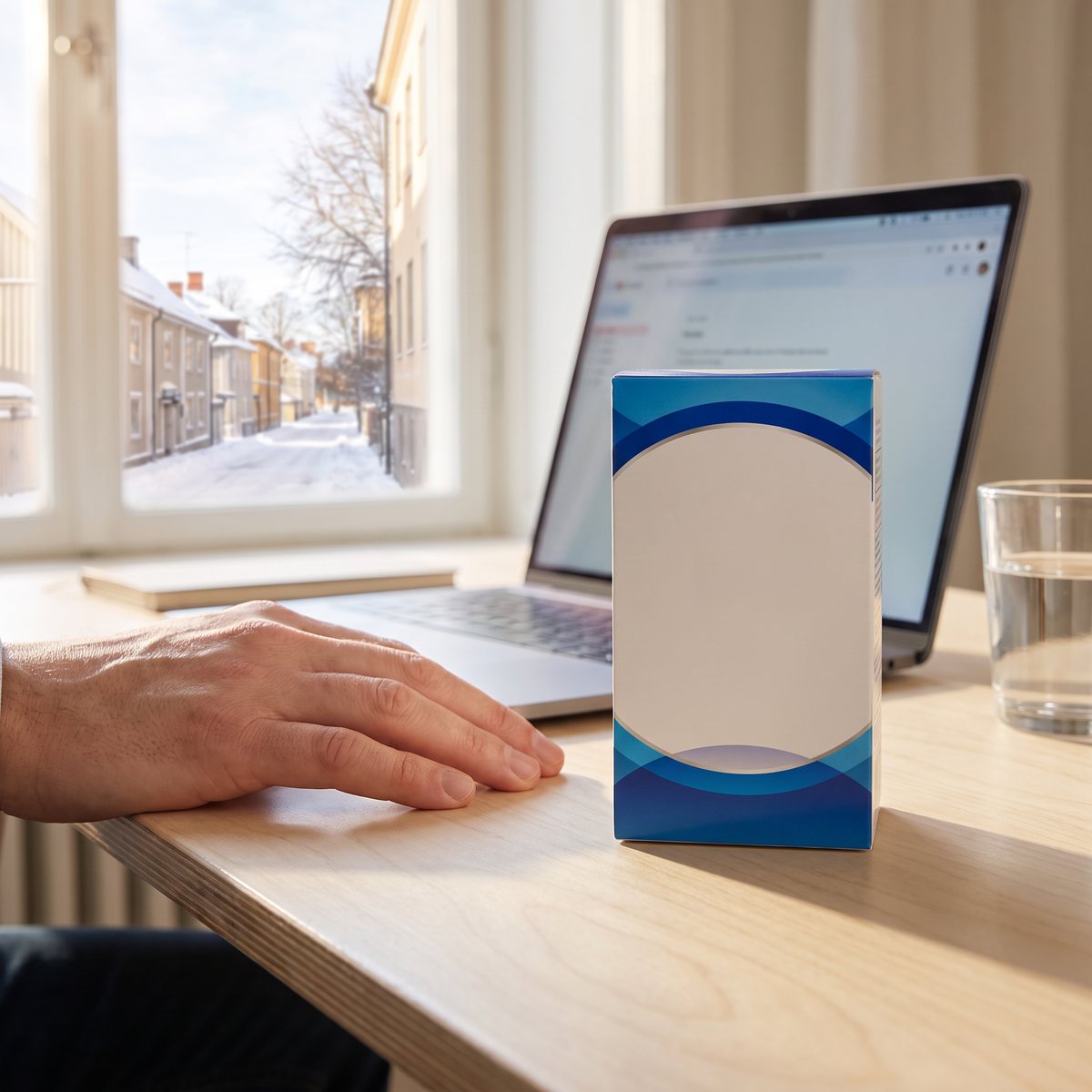Centrum Man-asken på ett skrivbord i ett svenskt hemmakontor med snöig gata utanför fönstret
