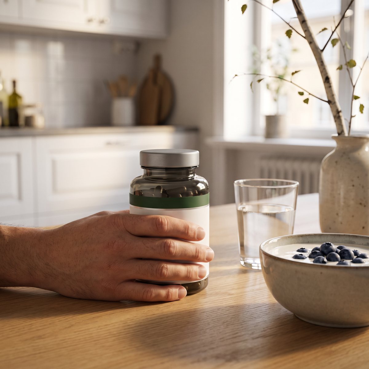 Elexir Pharma Multi Man-burken på ett träbord vid frukost med glas vatten och filmjölk i ett svenskt kök