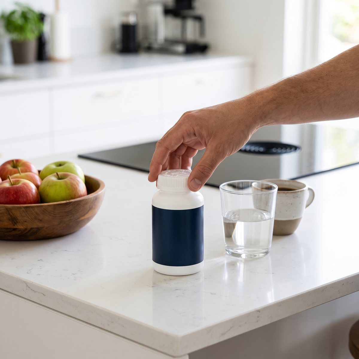 Healthwell Multivitamin Man-burken på en köksö med äpplen och kaffe i ett ljust svenskt kök