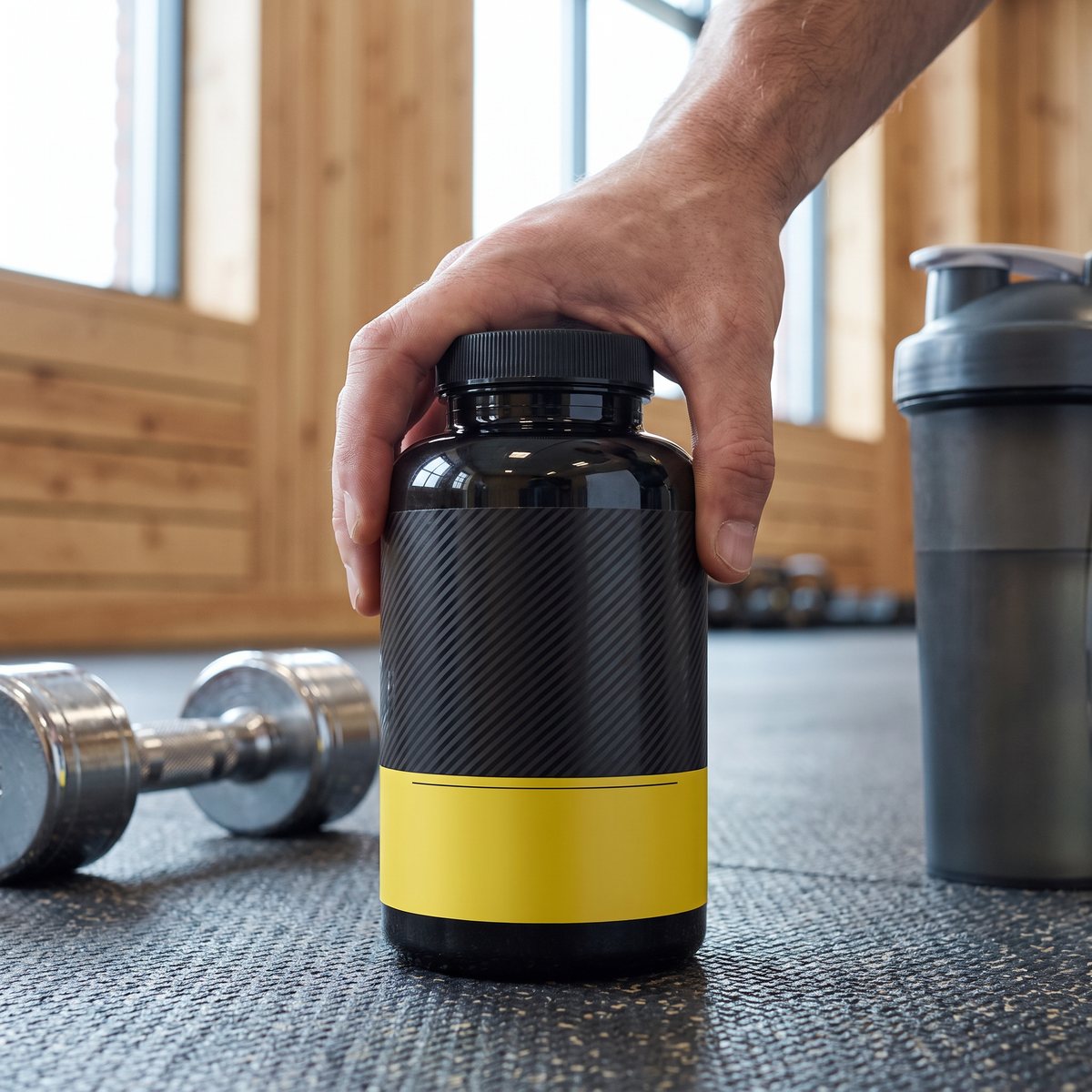 Optimum Nutrition Opti-Men-burken i en hand på ett svenskt gym med hantel och shaker