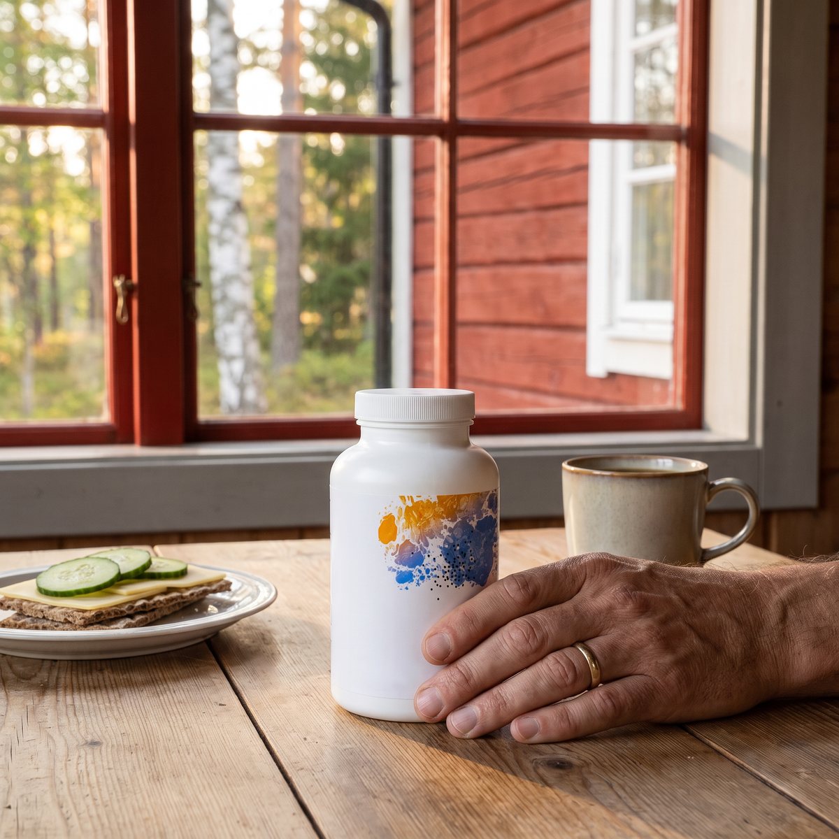 Thorne Men's Multi 50+-burken på ett köksbord i en röd svensk stuga med kaffe och smörgås