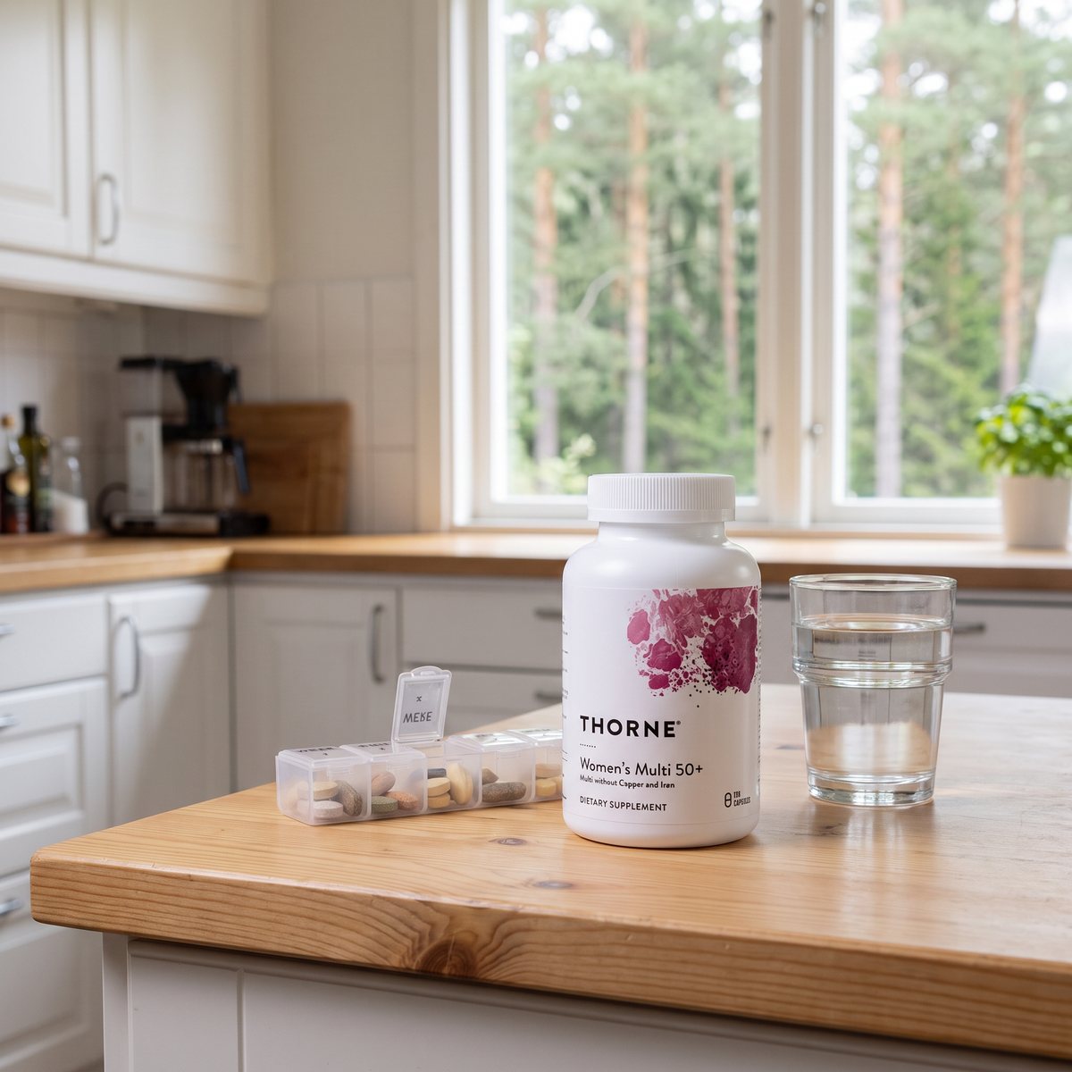 Thorne Womens Multi 50+ på en köksö i furu i ett svenskt kök med dosett och glas vatten, tallskog utanför fönstret