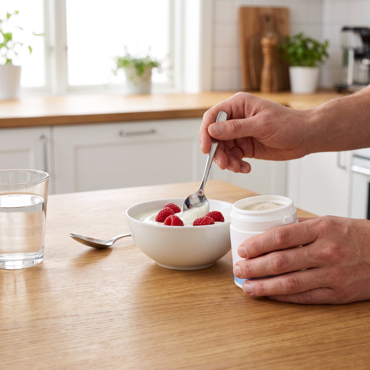 Burk med pulver som rörs ner i yoghurt med hallon på ett köksbord i ett svenskt kök