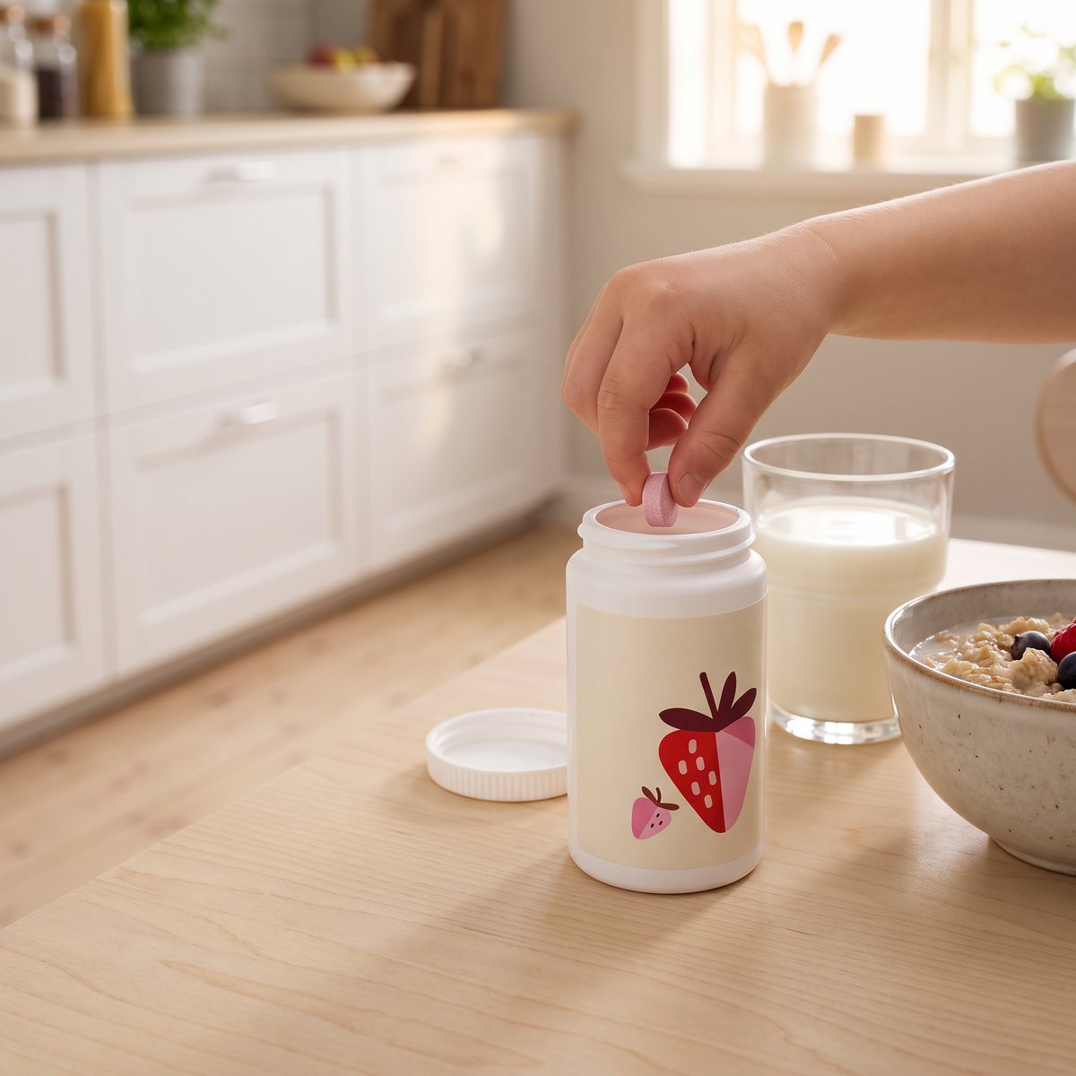 Barnmultivitaminburk med jordgubbsmotiv på ett köksbord i ett svenskt kök, en barnhand tar en tuggtablett