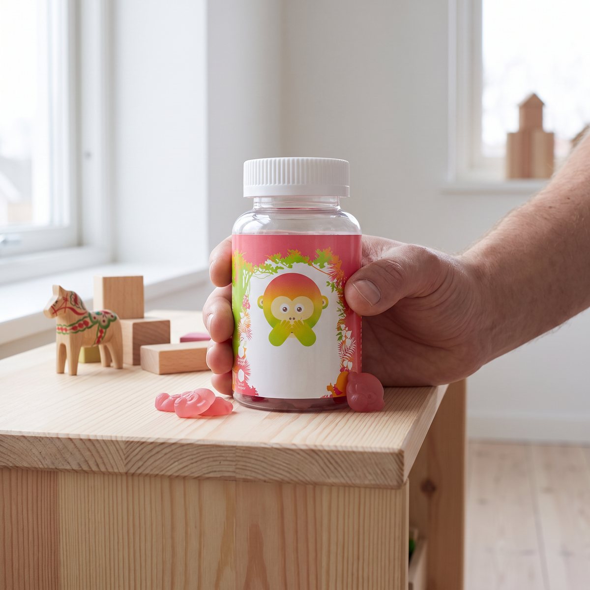 Burk med rosa gummies i ett svenskt barnrum med trähäst och träleksaker