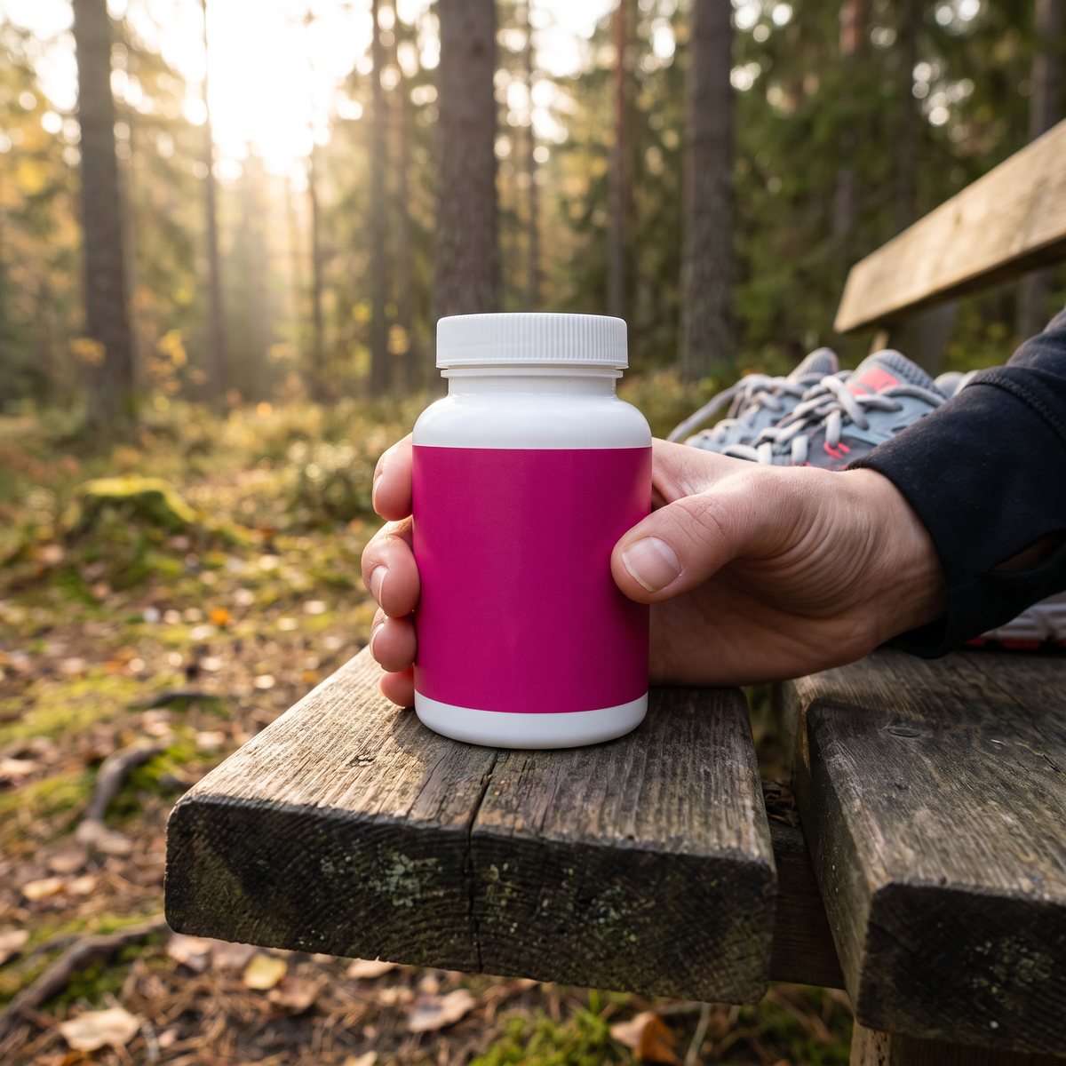 Rosa burk Healthwell Multivitamin Sport Kvinna hålls i handen vid en löparstig i svensk skog
