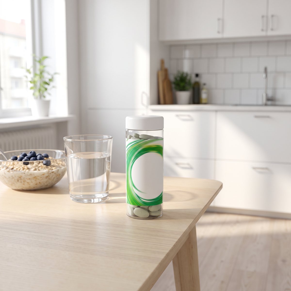 Active Care MultiVegan på ett ljust frukostbord i ett svenskt kök, bredvid vattenglas och havregrynsskål med blåbär