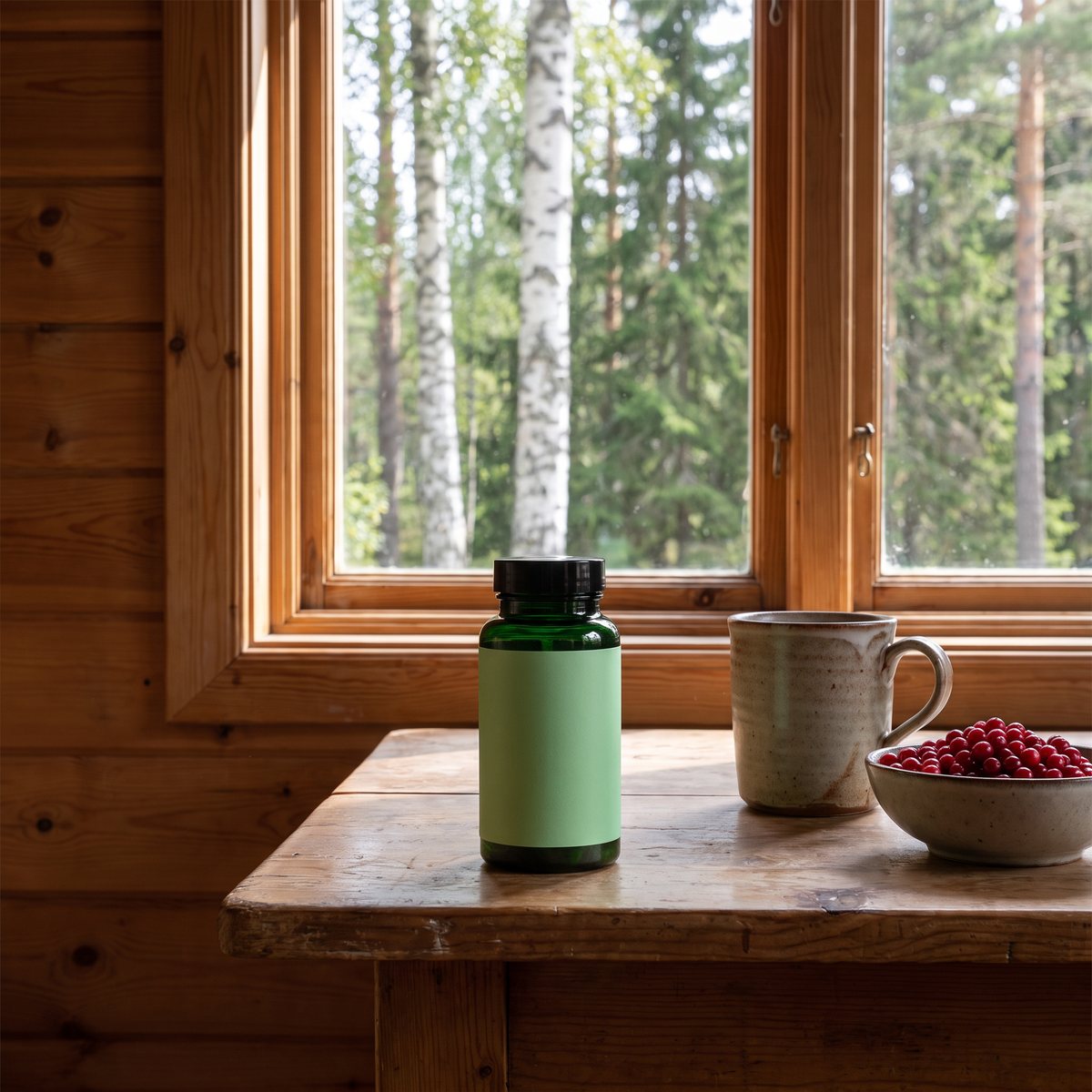 Great Earth Multi Vegan i grön glasflaska på ett träbord i en svensk stuga med björkskog utanför fönstret