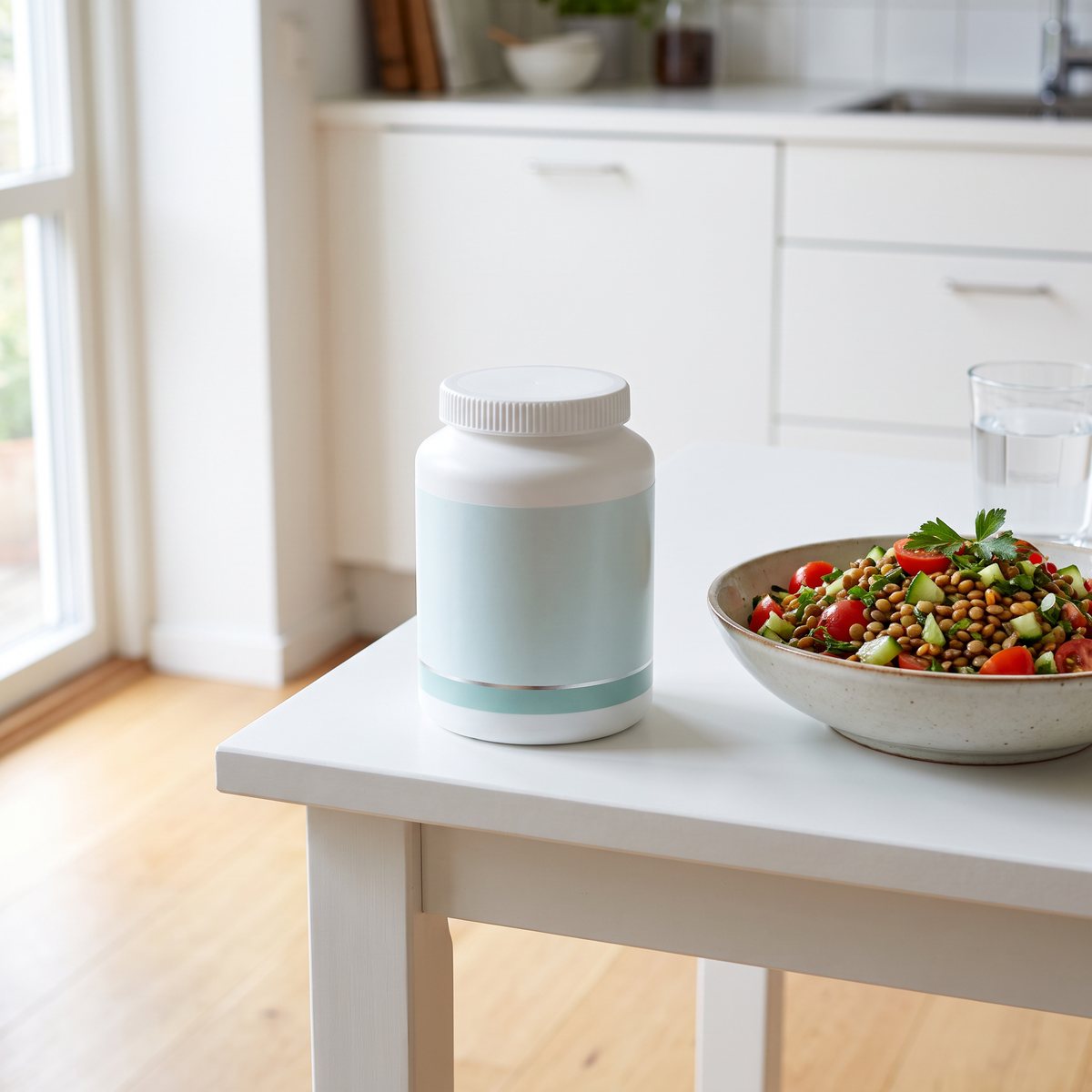 New Nordic Multivitamin för vegetarianer och veganer på ett vitt köksbord i ett svenskt hem bredvid linssallad och vattenglas