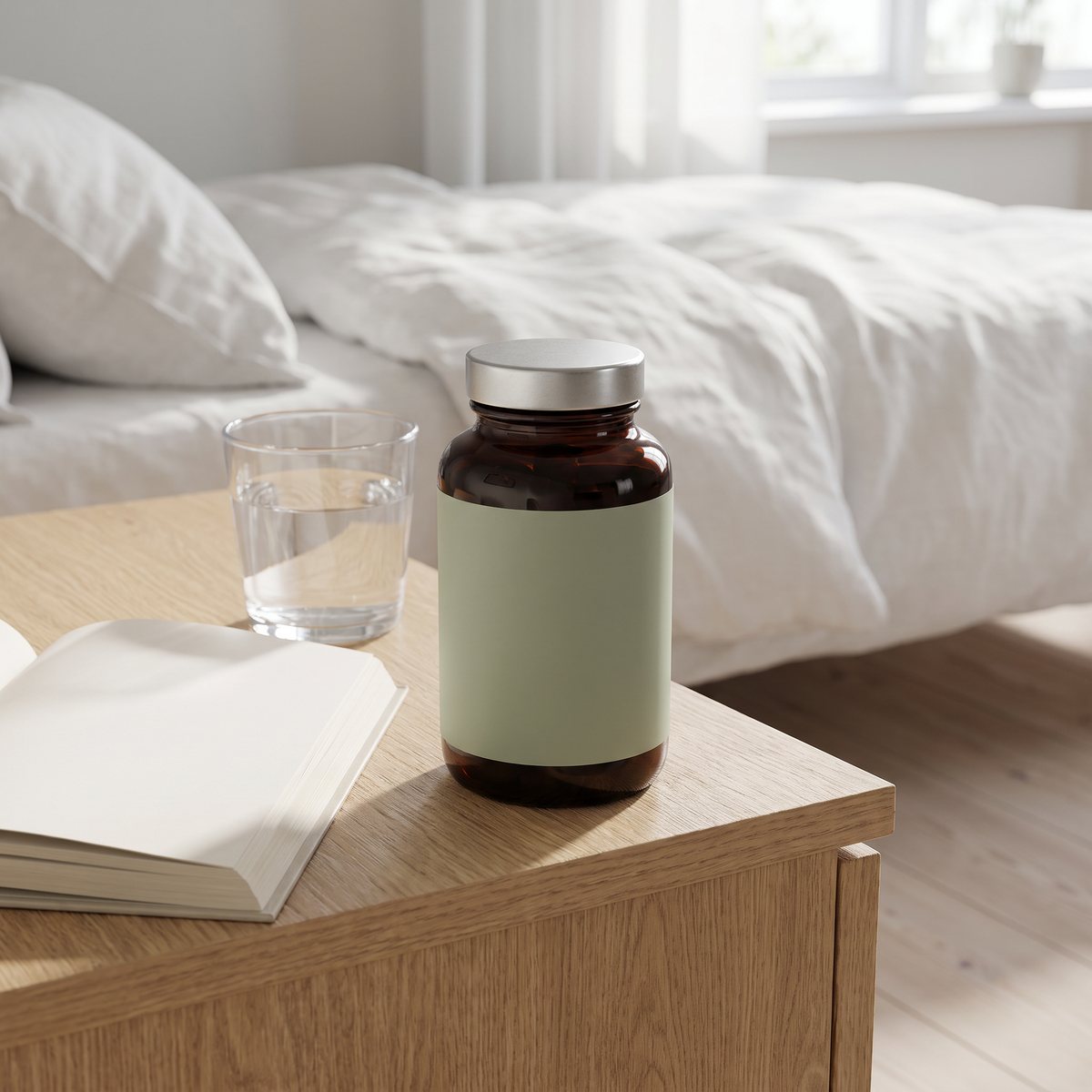 Nordbo Vegan Life Multi i brun glasflaska på ett sängbord i ett svenskt sovrum bredvid vattenglas och bok