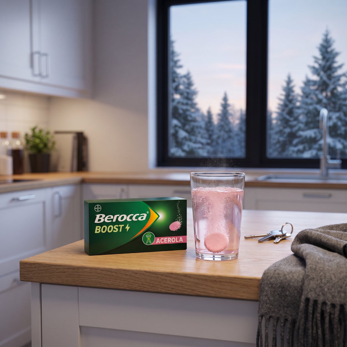 Förpackning Berocca Boost och ett glas rosa brusdryck på en köksbänk i ek tidigt på morgonen, med nycklar, halsduk och snötäckta granar utanför fönstret