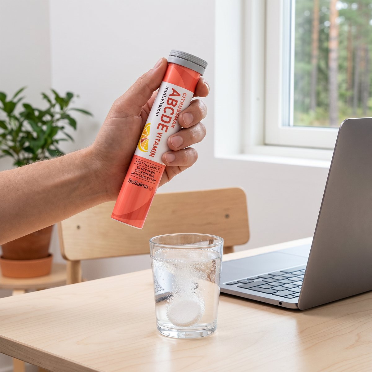Hand som håller ett rör BioSalma ABCDE-multivitamin ovanför ett glas vatten med en brustablett på ett skrivbord i björk, med tallskog utanför fönstret