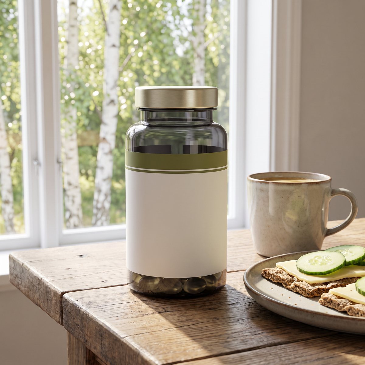 Burk Elexir Vegansk Omega-3 på ett träbord vid ett fönster med björkar, bredvid kaffekopp och knäckebröd