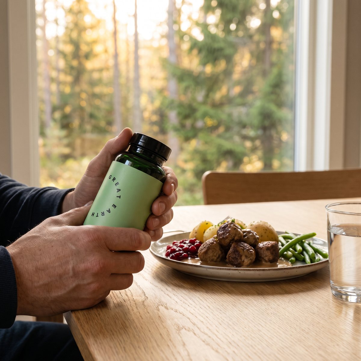Händer håller en grön burk Great Earth Multi Mineral vid ett lunchbord med utsikt mot svensk granskog