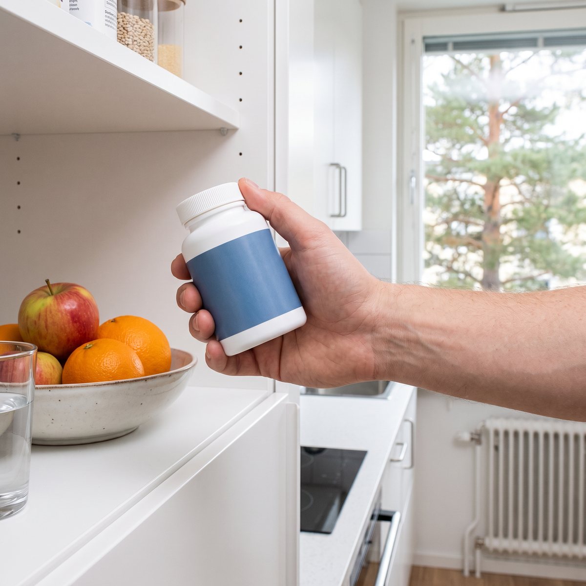 Hand håller en burk Healthwell Koppar vid en vit hylla i ett svenskt kök med tallar utanför fönstret