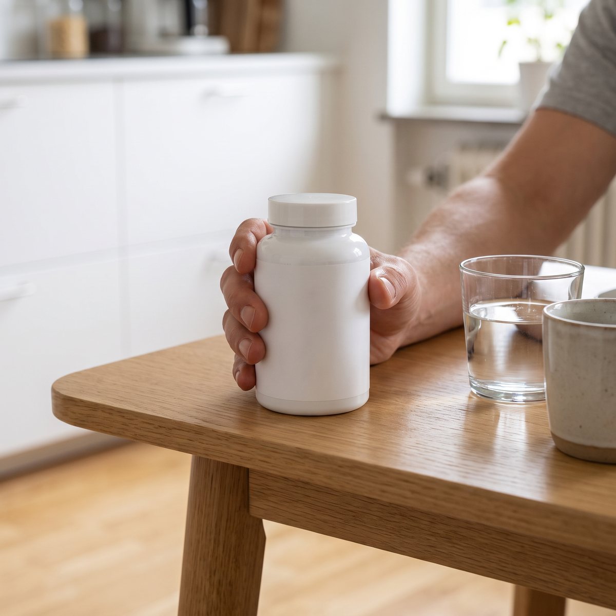 Vit tablettburk med kapslar från Holistic Koppar står på ett ekbord i ett ljust svenskt kök, bredvid ett glas vatten