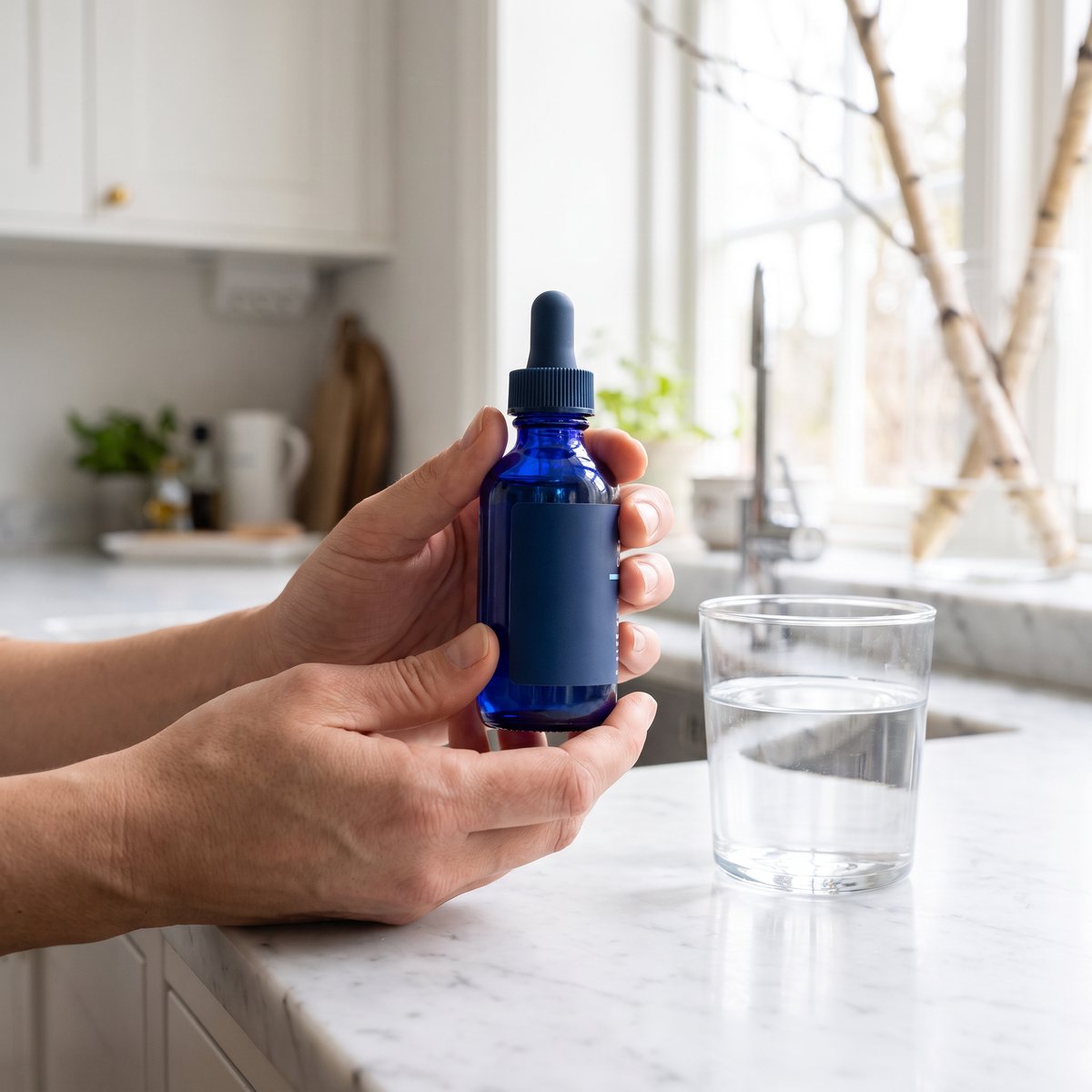 Händer håller en blå pipettflaska med Trace Minerals Liquid Ionic Copper vid en marmorbänk i ett svenskt kök