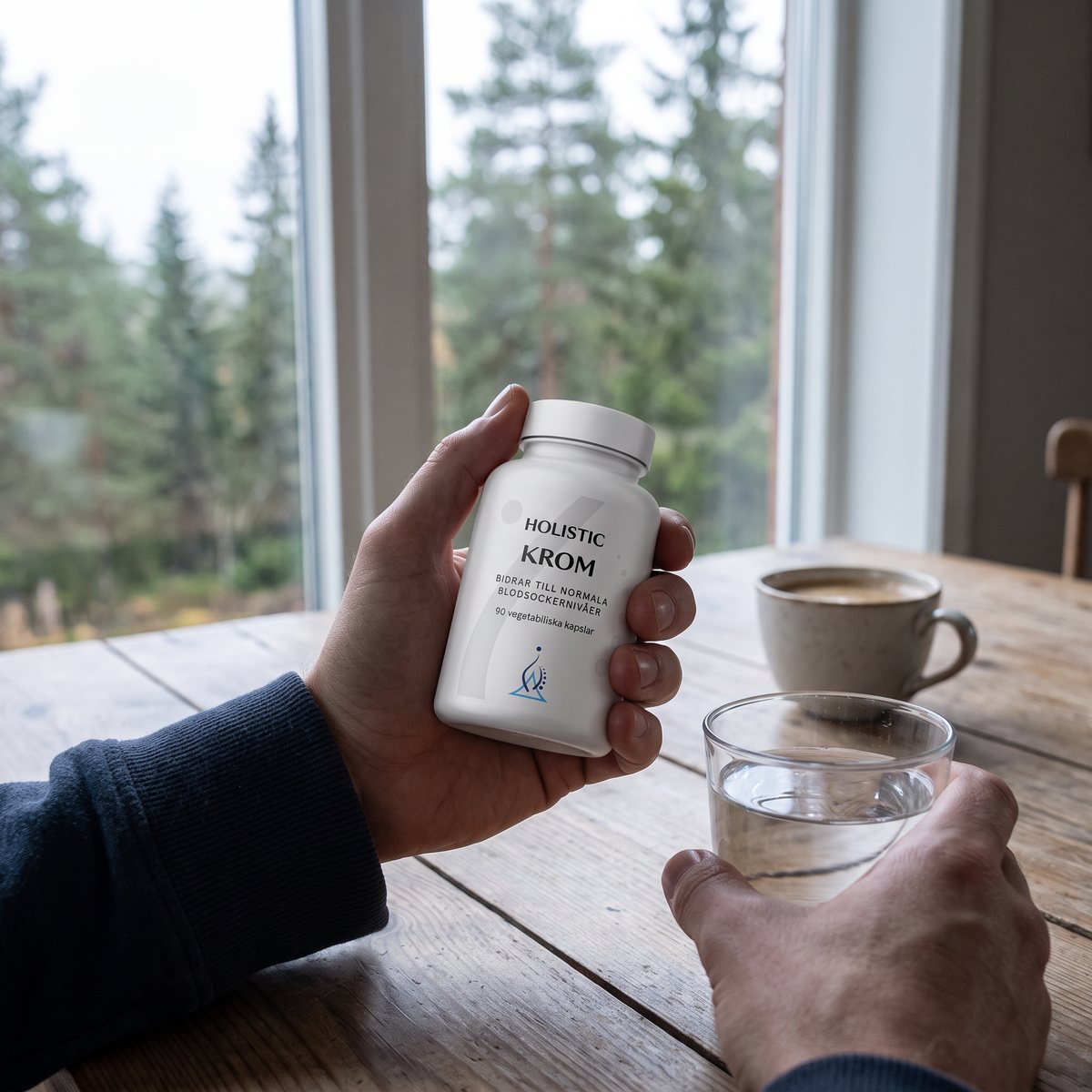 Hand som håller Holistic Krom vid ett träbord med vattenglas och kaffe framför fönster mot svensk granskog