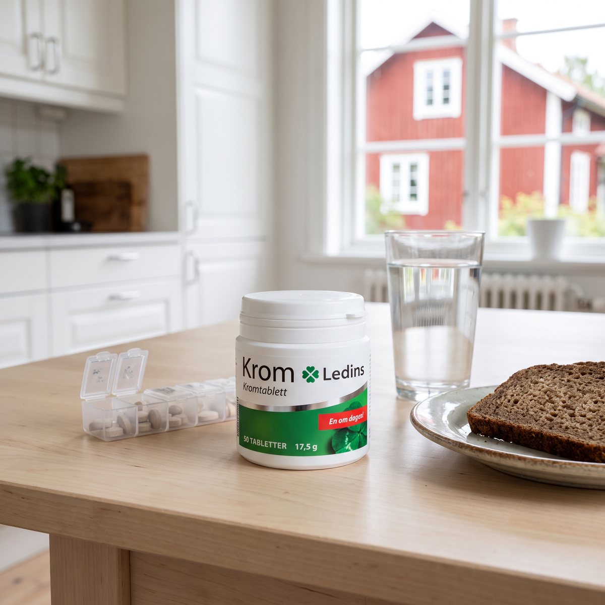 Ledins Krom på ett köksbord med dosett, vattenglas och rågbröd framför ett rött trähus