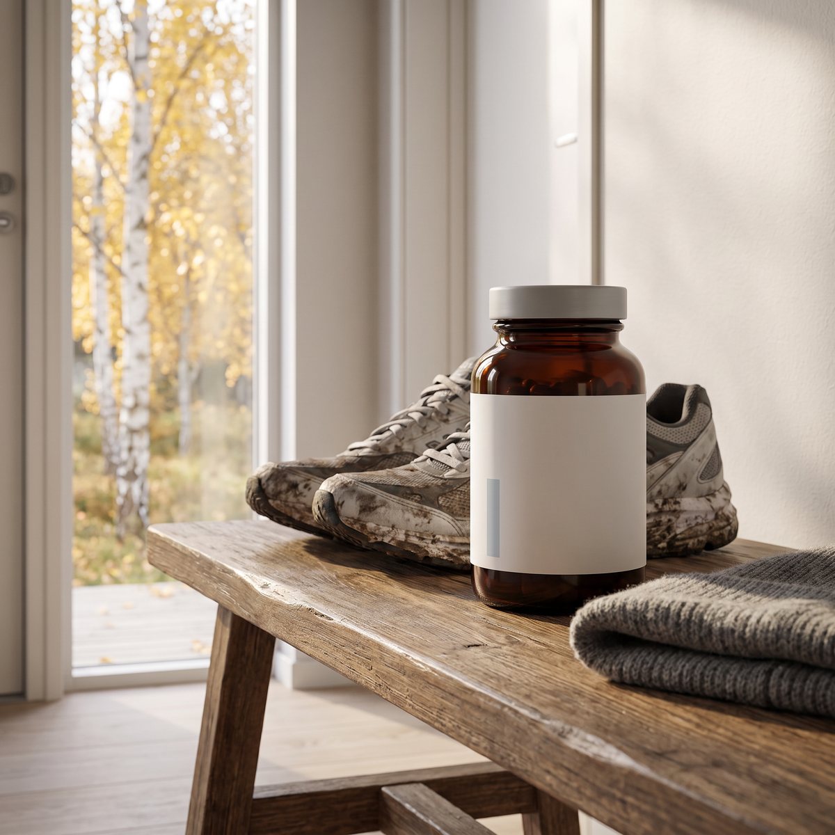 Brun glasburk med BioCare Magnesium Malat på en träbänk i en svensk hall bredvid löparskor och en mössa