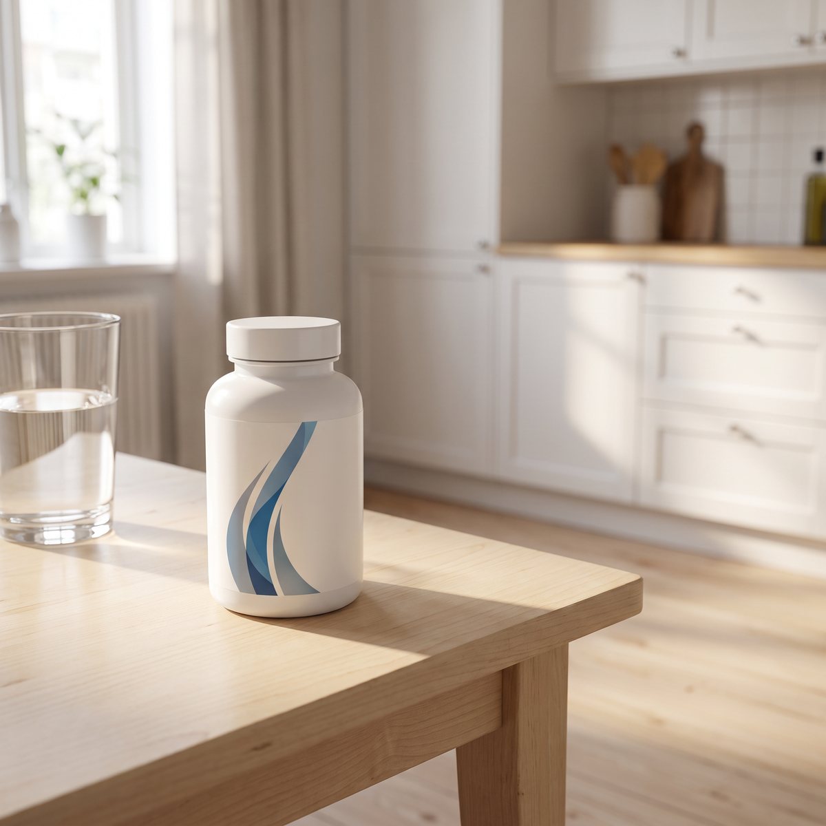 Vit burk med Holistic magnesiumbisglycinat på ett björkbord i ett svenskt kök, bredvid ett glas vatten