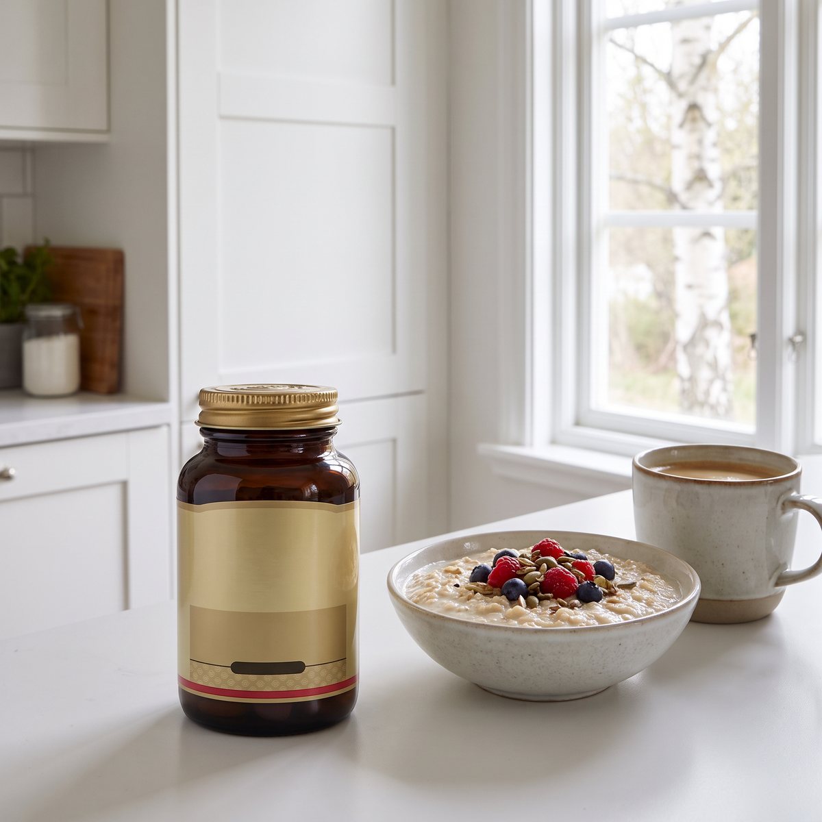 Brun glasburk med Solgar Magnesium Citrate på en köksbänk bredvid havregrynsgröt och kaffe i ett svenskt kök