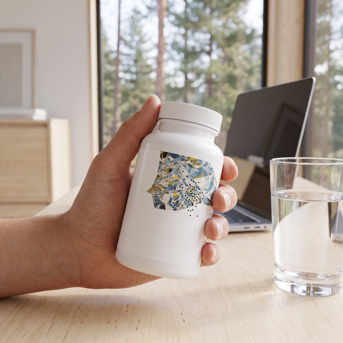 Hand som håller en vit burk med Thorne Magnesium Glycinate vid ett skrivbord med glas vatten och utsikt mot tallar