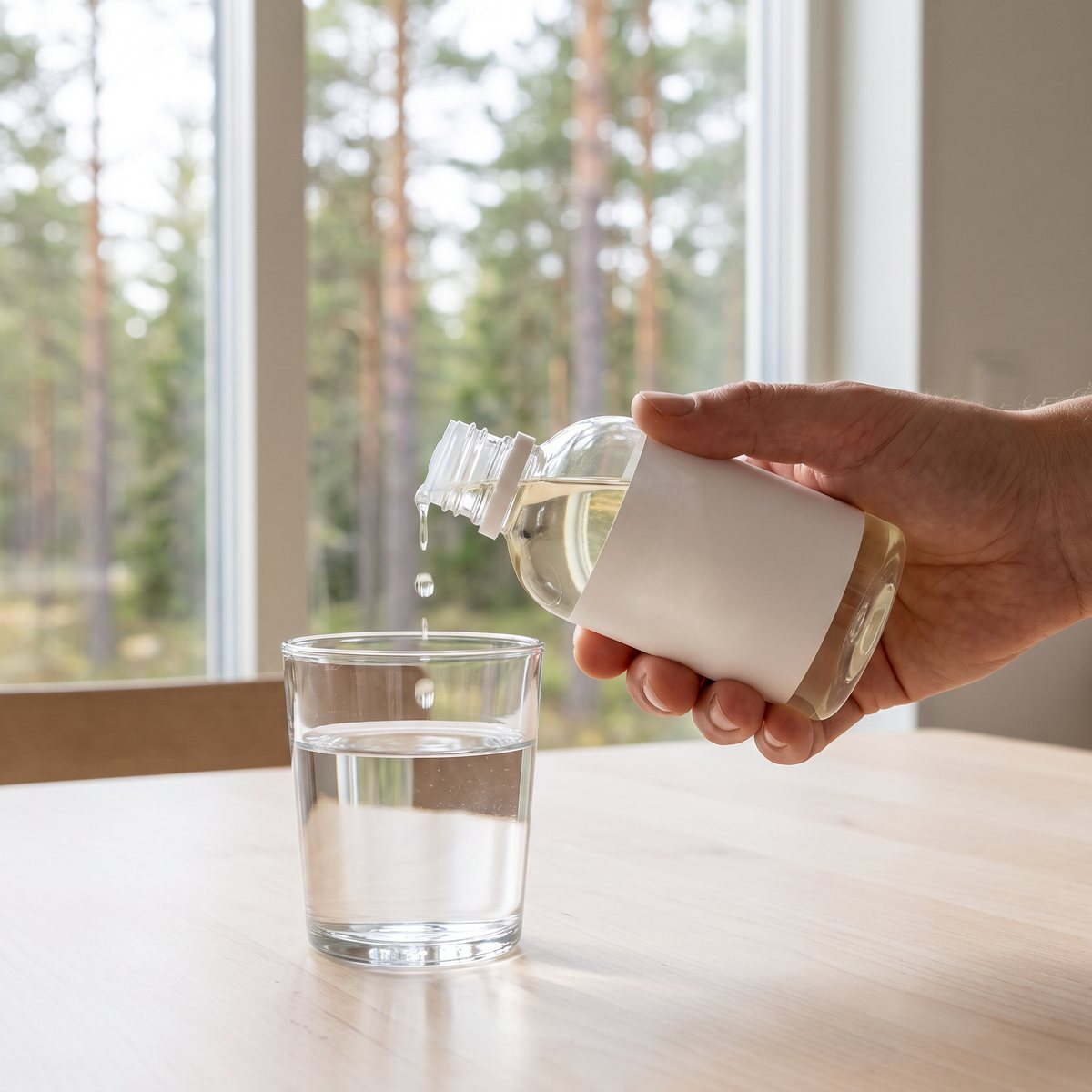 Flaska med klara magnesiumdroppar som droppas i ett vattenglas på ett björkbord i ett ljust svenskt hem med tallskog utanför fönstret